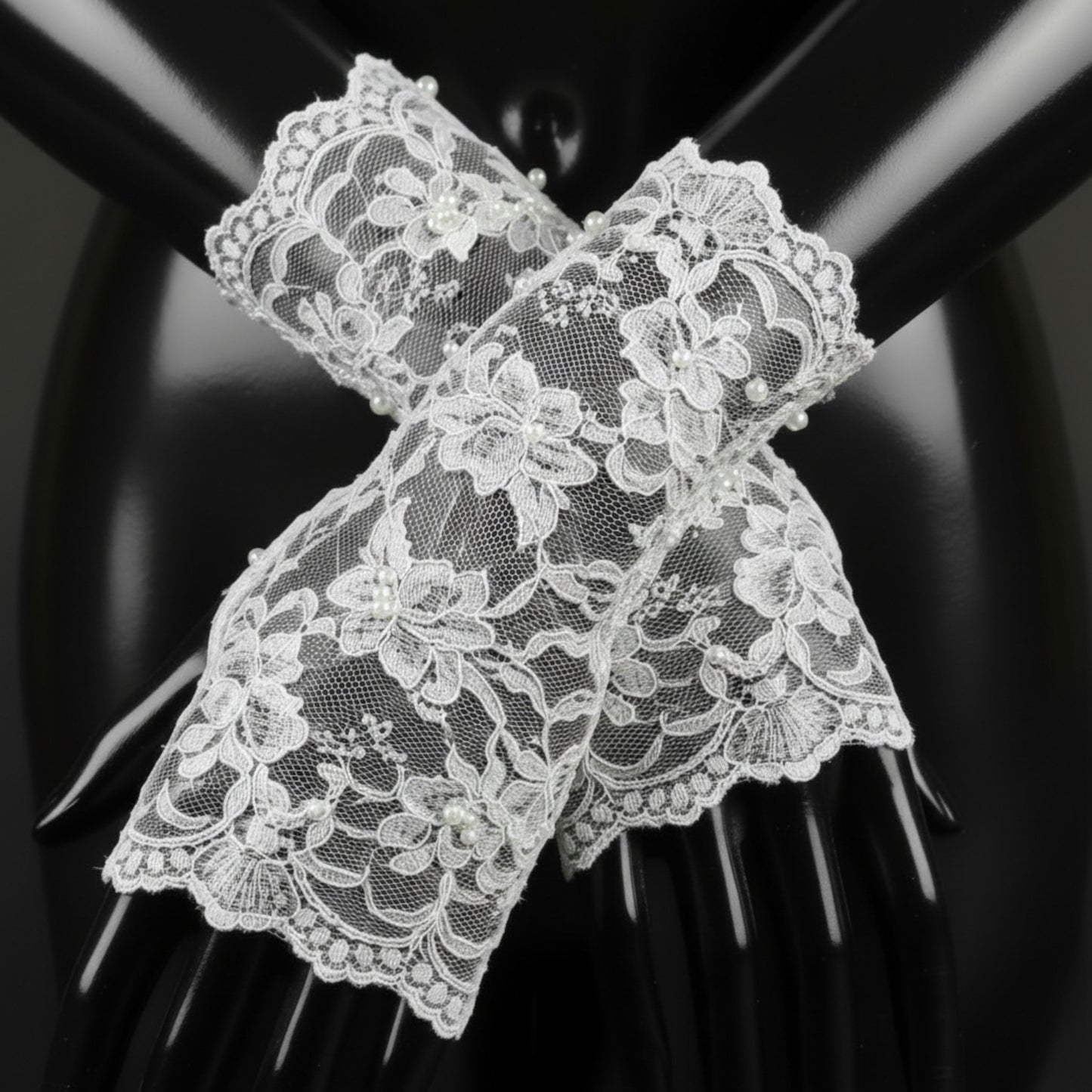 Chantilly Lace Bridal Wrist Cuffs | Sheer Floral Fingerless Gloves with Pearls