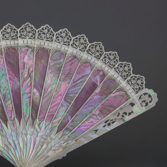 Pink Iridescent Mother-of-Pearl Fan | Rare Carved Bridal Heirloom