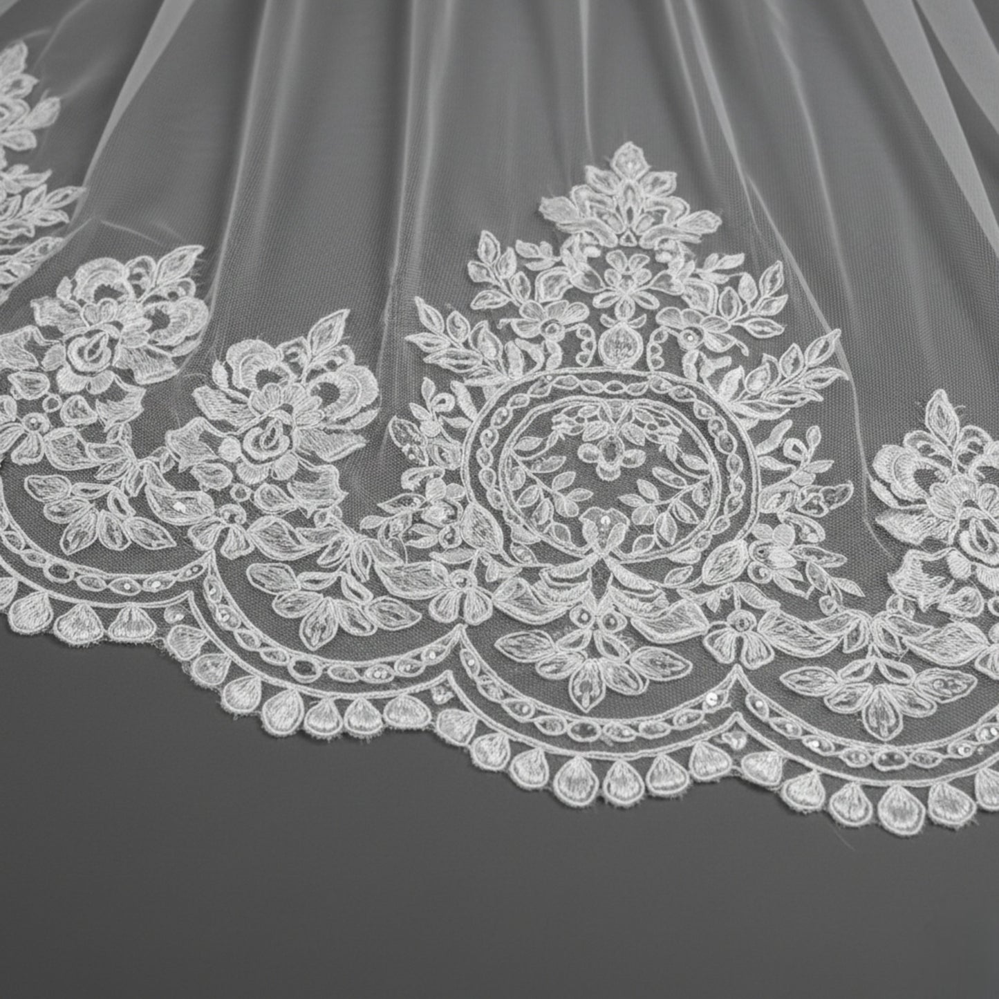 Regal Cathedral Wedding Veil with Wide Baroque Floral Lace