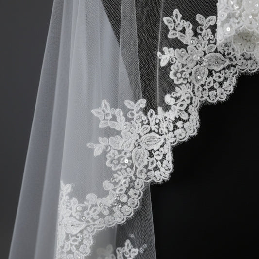 Ethereal Cascading Floral Lace Cathedral Veil with Scalloped Edge