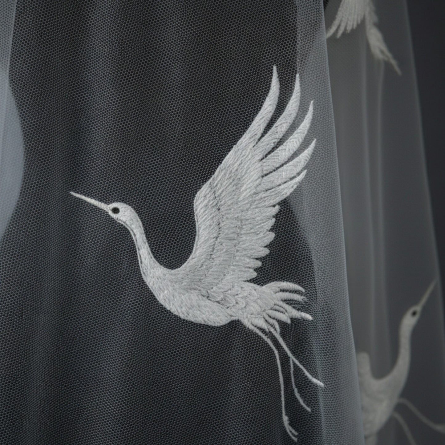 Hand-Embroidered Crane Motif Cathedral Veil in Soft Bridal Tulle