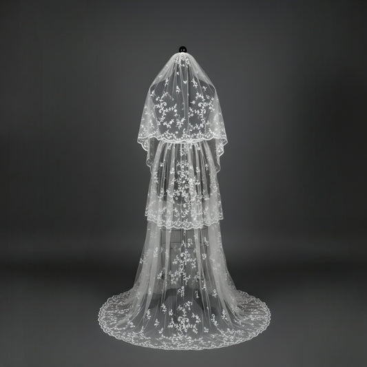 Hand-Embroidered Three-Tier Cathedral Veil with Exquisite Floral Artistry