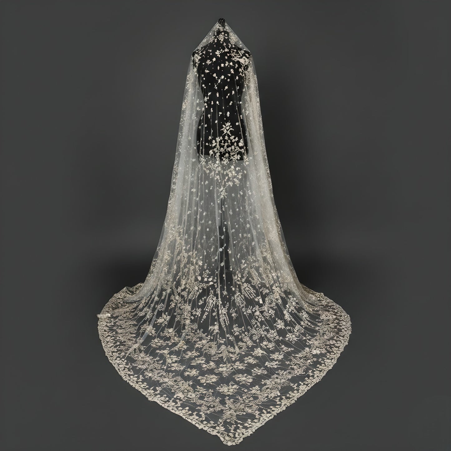 Artisanal Hand-Embroidered Cathedral Veil with Gold-Threaded Floral Tapestry