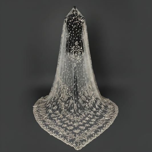 Artisanal Hand-Embroidered Cathedral Veil with Gold-Threaded Floral Tapestry