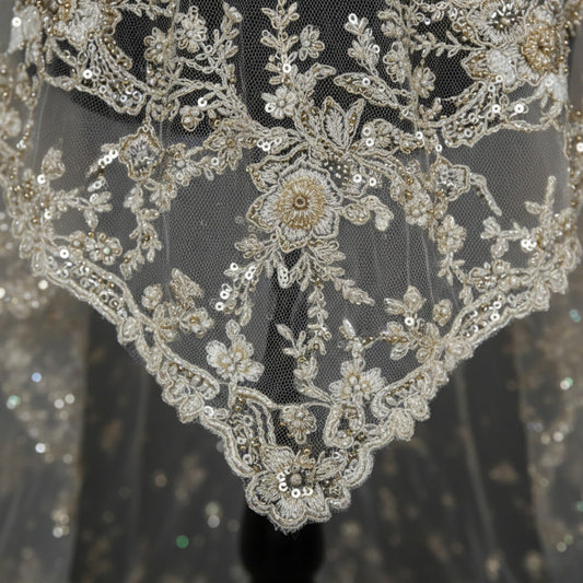 Artisanal Hand-Embroidered Cathedral Veil with Gold-Threaded Floral Tapestry