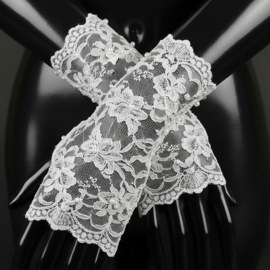Chantilly Lace Bridal Wrist Cuffs | Sheer Floral Fingerless Gloves with Pearls