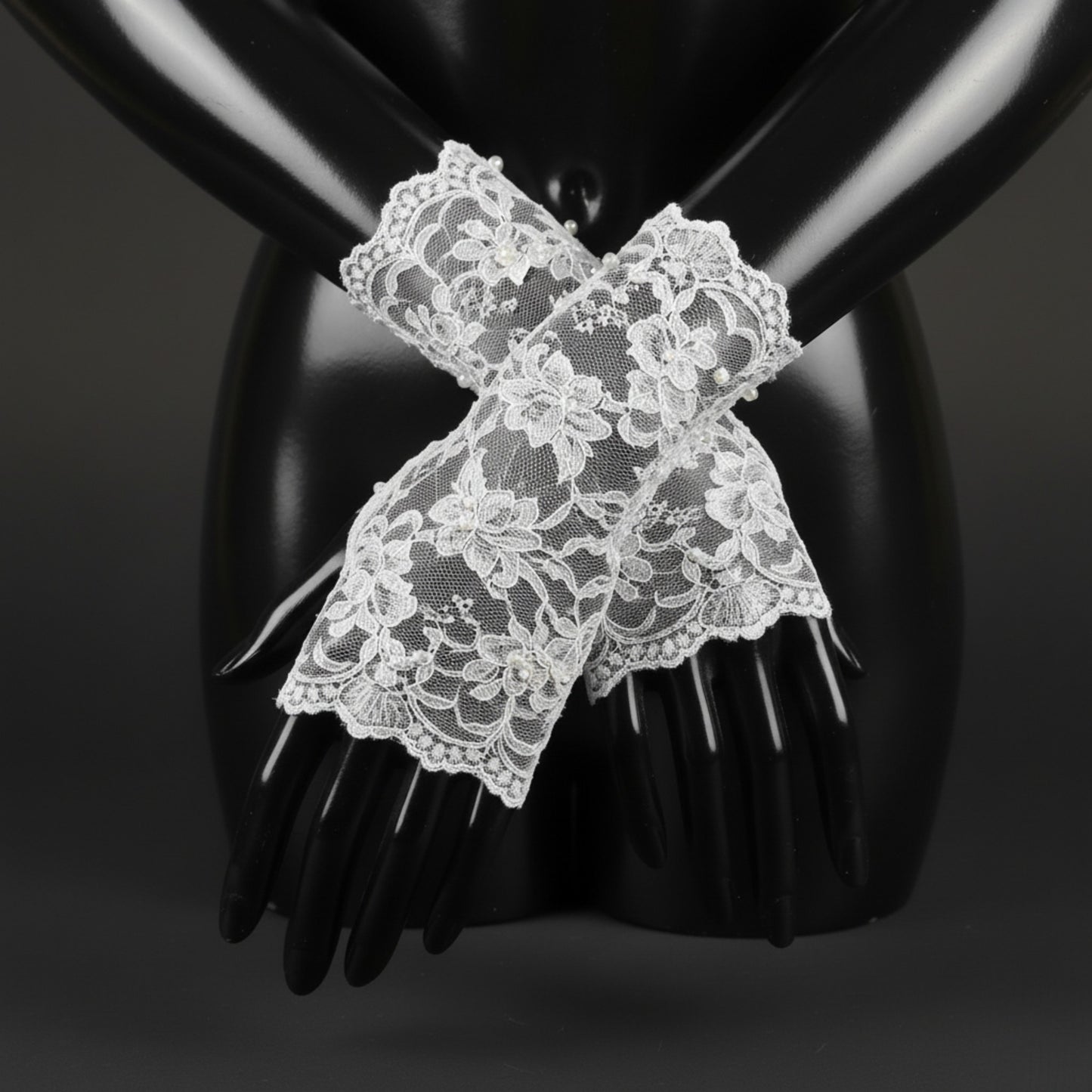 Chantilly Lace Bridal Wrist Cuffs | Sheer Floral Fingerless Gloves with Pearls