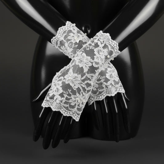 Chantilly Lace Bridal Wrist Cuffs | Sheer Floral Fingerless Gloves with Pearls