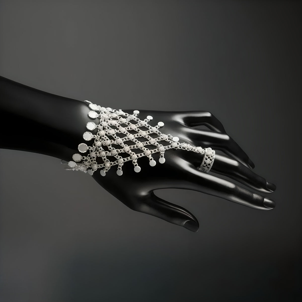 White Filigree Glove Bracelet | Artisanal Cascading Bridal Hand Piece