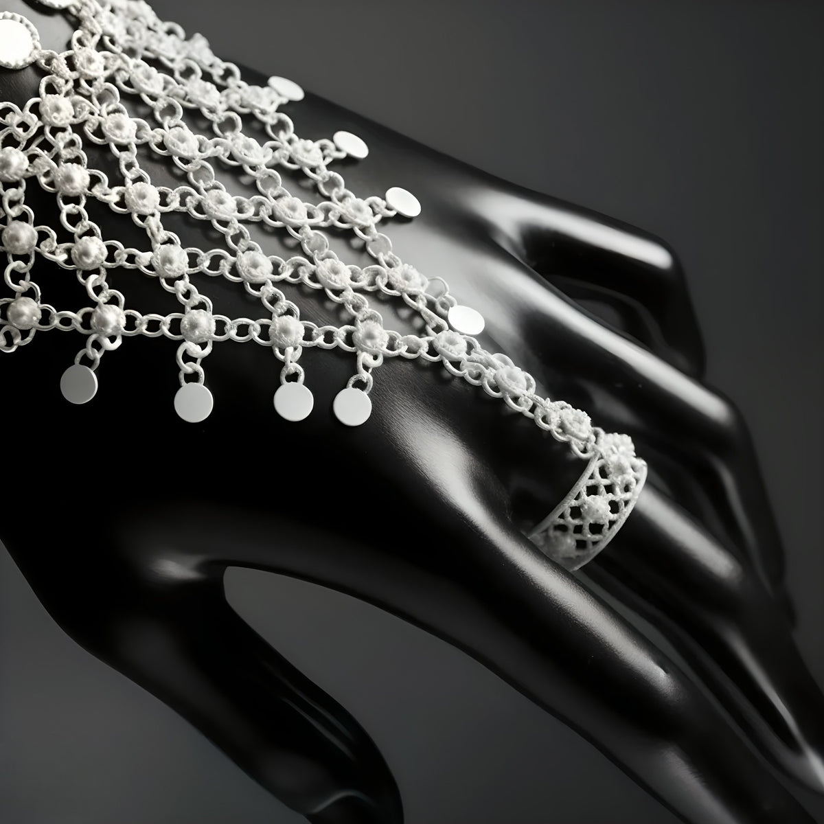 White Filigree Glove Bracelet | Artisanal Cascading Bridal Hand Piece