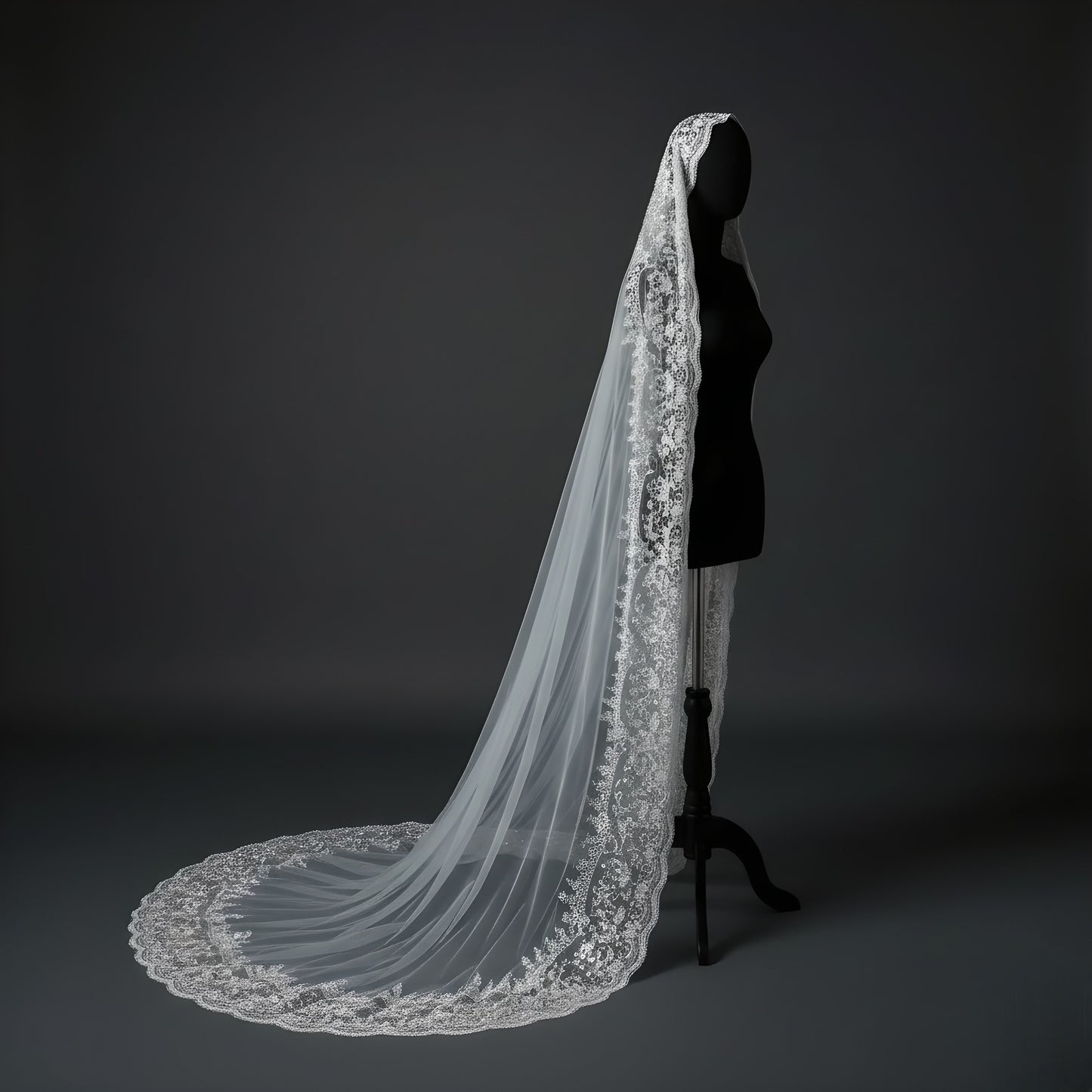 Chantilly Lace Cathedral Wedding Veil with Scalloped Floral Edge