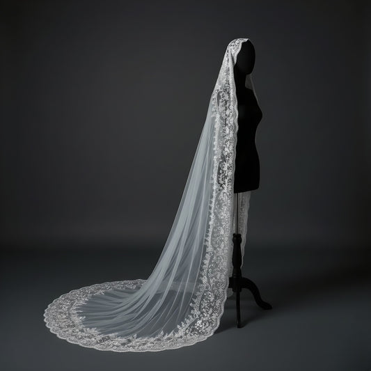Chantilly Lace Cathedral Wedding Veil with Scalloped Floral Edge