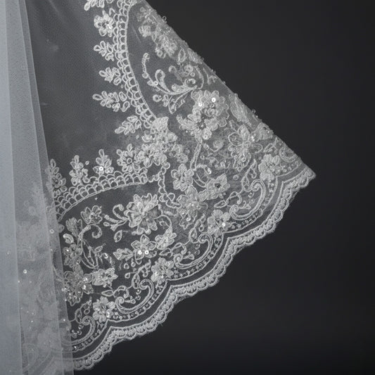 Chantilly Lace Cathedral Wedding Veil with Scalloped Floral Edge