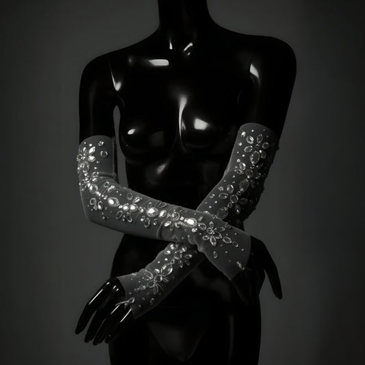 Midnight Crystal Opera Gloves | Embellished Sheer Mesh Evening Accessory