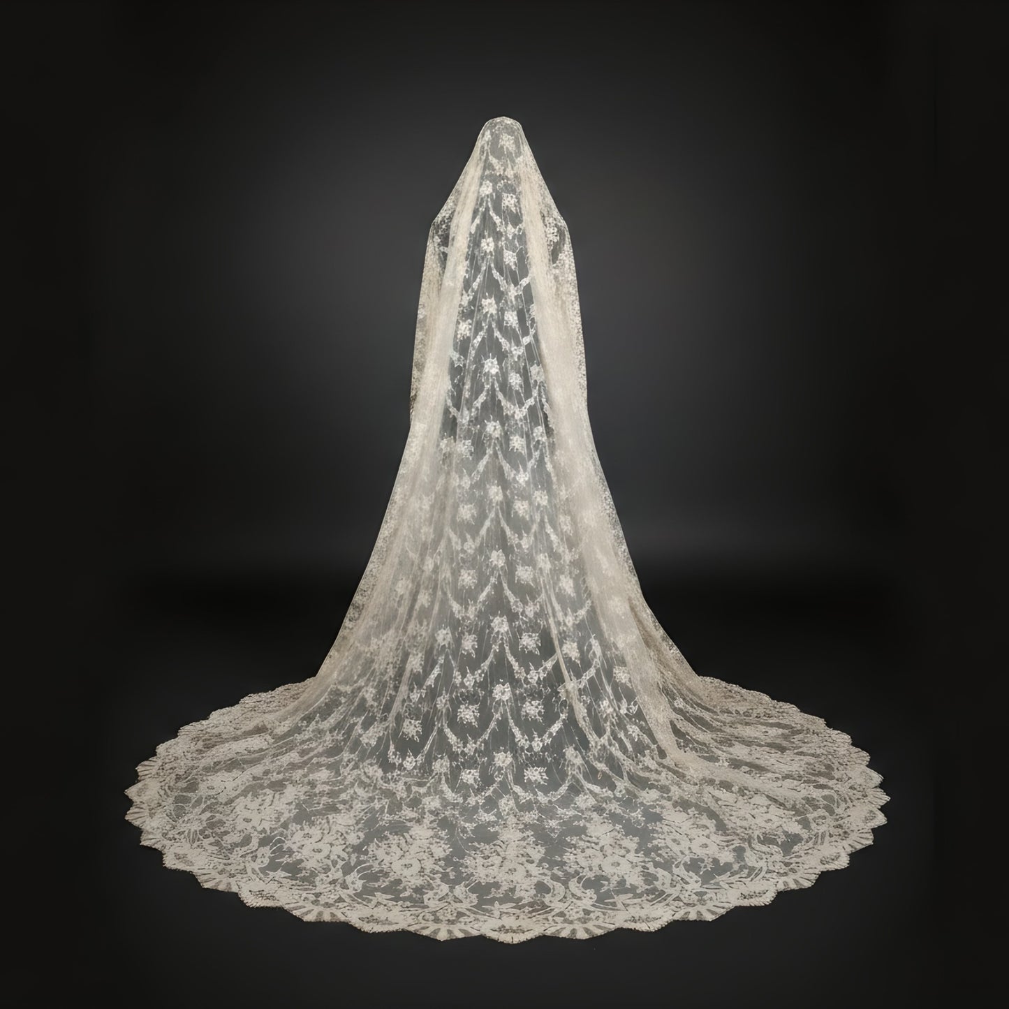 Vintage-Inspired Mantilla Cathedral Veil with Full French Lace Embroidery