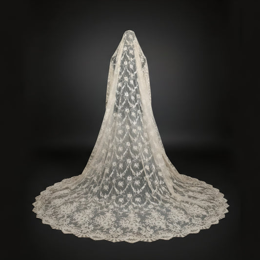 Vintage-Inspired Mantilla Cathedral Veil with Full French Lace Embroidery