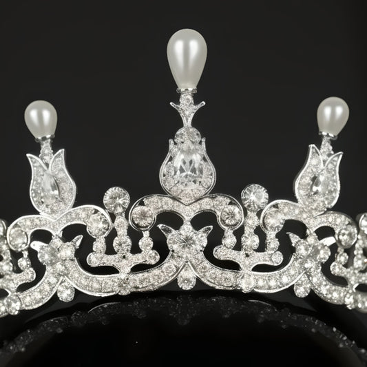 High-Pointed Pearl & Crystal Bridal Tiara | Regal Victorian Wedding Crown