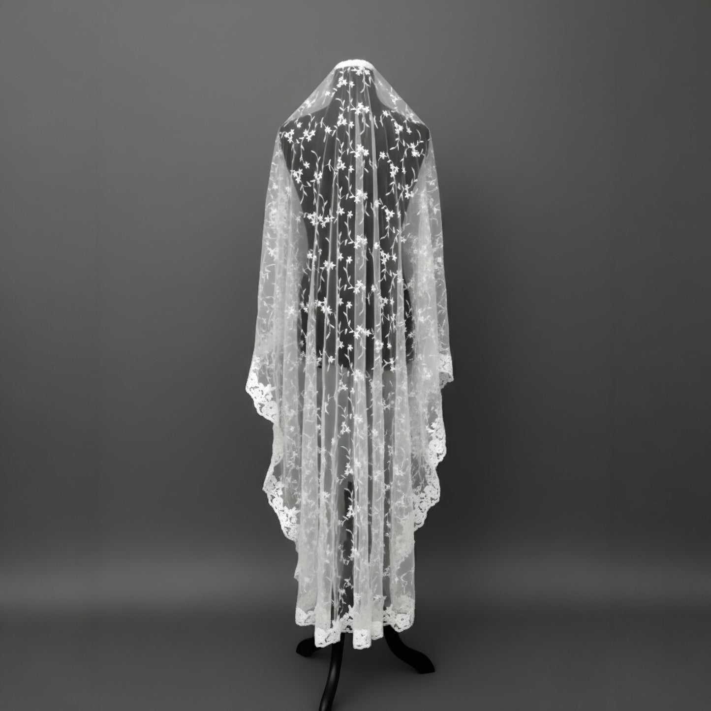 Ethereal Blossom Embroidered Chapel Veil with Scalloped Lace Edge