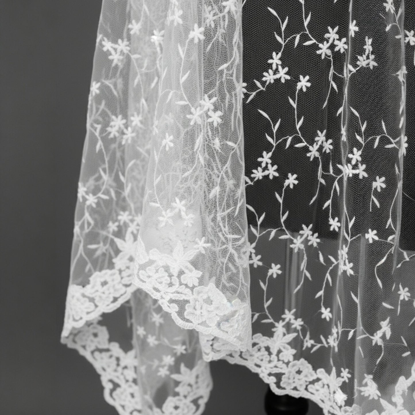 Ethereal Blossom Embroidered Chapel Veil with Scalloped Lace Edge