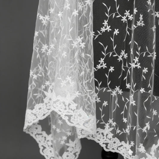 Ethereal Blossom Embroidered Chapel Veil with Scalloped Lace Edge
