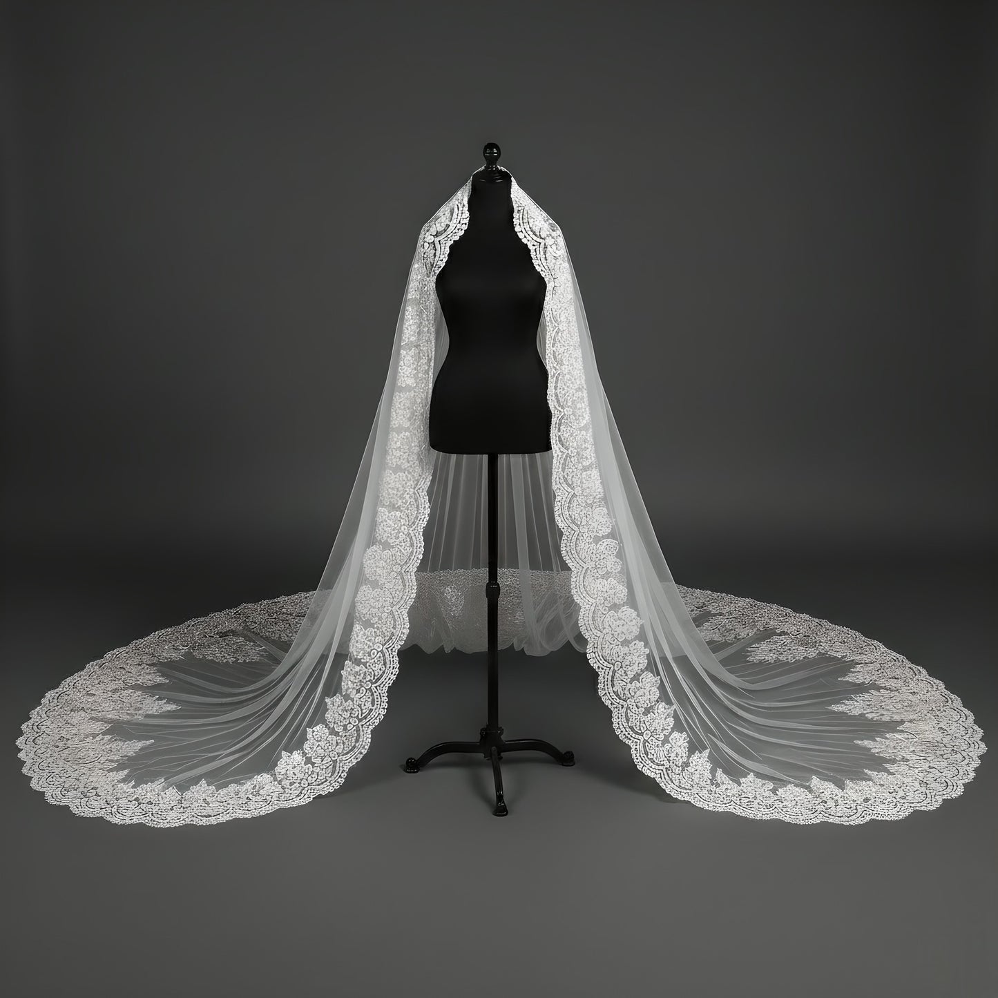 Regal Cathedral Wedding Veil with Wide Baroque Floral Lace