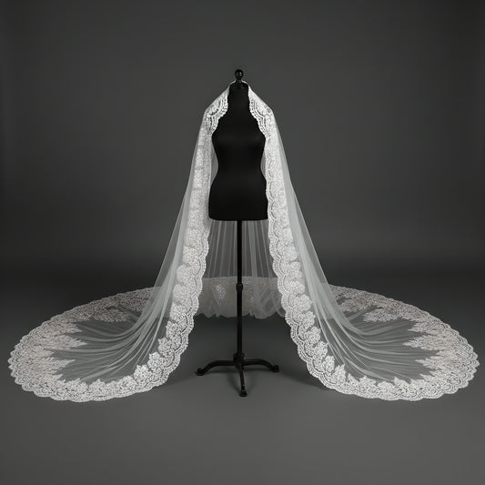 Regal Cathedral Wedding Veil with Wide Baroque Floral Lace