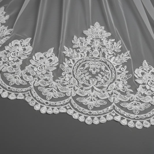 Regal Cathedral Wedding Veil with Wide Baroque Floral Lace