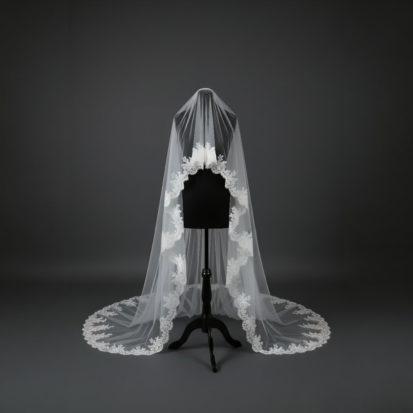 Ethereal Cascading Floral Lace Cathedral Veil with Scalloped Edge