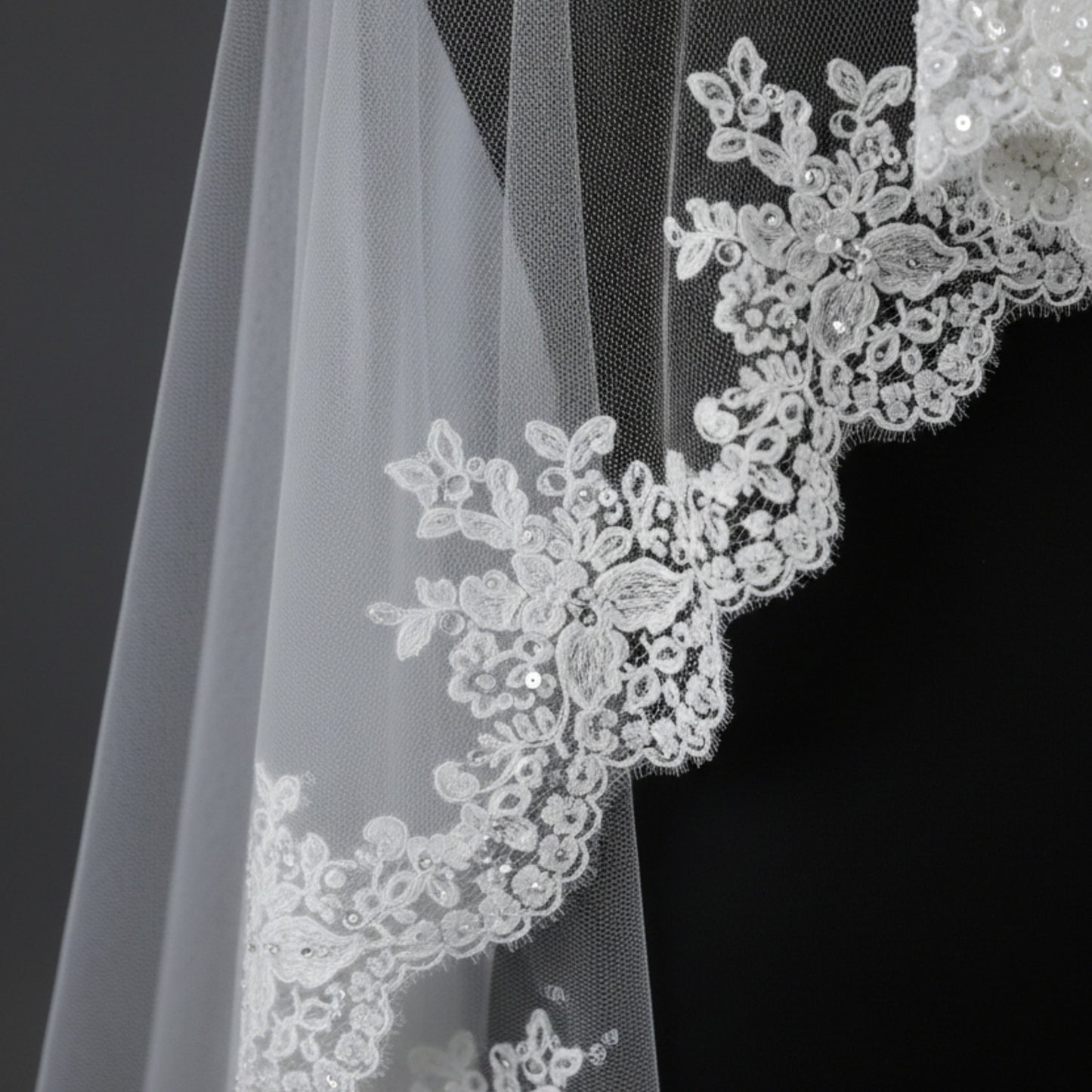 Ethereal Cascading Floral Lace Cathedral Veil with Scalloped Edge