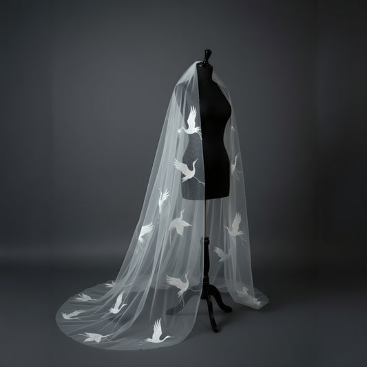 Hand-Embroidered Crane Motif Cathedral Veil in Soft Bridal Tulle