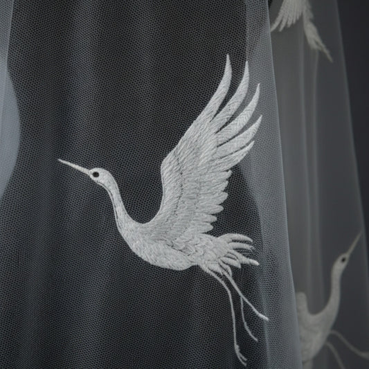 Hand-Embroidered Crane Motif Cathedral Veil in Soft Bridal Tulle